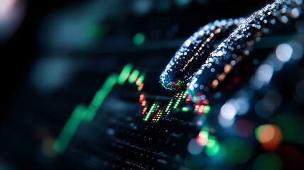 Poster - Glowing digital chart with rising green line trend and bokeh light effects on dark background, illustrating financial market data and stock trading analysis.