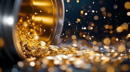 Poster - Glittering gold particles spilling from metallic container with dramatic bokeh lights in dark background, creating luxurious and magical atmosphere.
