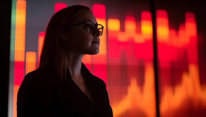 Poster - Professional Woman in Glasses Silhouetted Against Colorful Stock Market Chart, Symbolizing Financial Success and Market Trends in Modern Business Environment