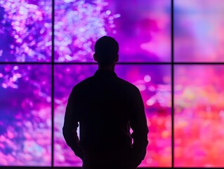 Aufkleber - Silhouette of a Person Viewing Colorful Abstract Digital Art on a Large Screen in a Modern Gallery or Exhibition Space During an Artistic Event or Exhibition