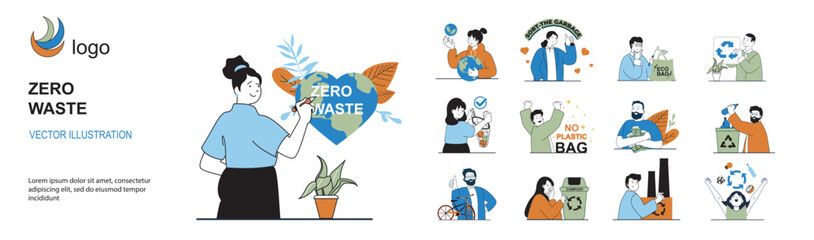 Aufkleber - Zero waste concept with character situations mega set in flat web design. Bundle of scenes people taking care of global environment, sorting garbage, using eco shopping bags. Vector illustrations.