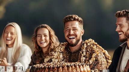 Group of friends laughing and enjoying a festive outdoor meal with a scenic background