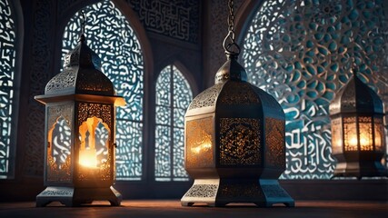 Poster - intricately designed lanterns illuminate a serene setting in a beautifully crafted space