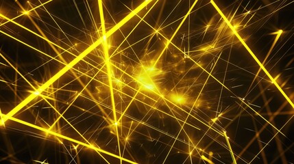 Poster - A captivating abstract image featuring bright yellow lasers creating dynamic patterns against a deep black background, perfect for various creative projects.