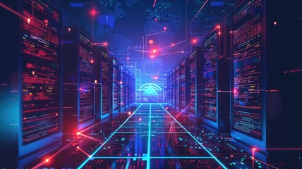 Poster - Explore a stunning visual of a futuristic data center showcasing vibrant upload and download activities, emphasizing the modern network's dynamic connectivity and progress.