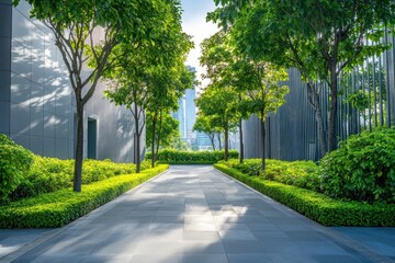 A tranquil urban pathway lined with vibrant green trees and shrubs, inviting a peaceful stroll in a modern city setting bathed in warm sunlight.