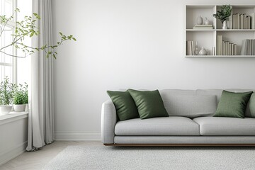 Wall Mural - Minimalist living room interior with a grey sofa and green pillows near a window, a white bookcase shelf on the wall, and a carpeted floor, with copy space for a design concept. 8K resolution