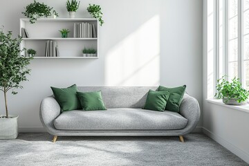 Wall Mural - Minimalist living room interior with a grey sofa and green pillows near a window, a white bookcase shelf on the wall, and a carpeted floor, with copy space for a design concept. 8K resolution