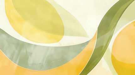 Poster - Abstract organic shapes in soft yellow and sage green tones create flowing curved composition with gentle watercolor texture effect on light background.