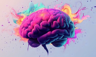 Poster - Colorful brain with vibrant pink, purple and blue gradient surrounded by flowing watercolor splashes and paint splatters on light background. Creative concept for mind power.