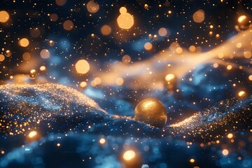 Poster - Magical glowing spheres float among swirling cosmic waves of blue and gold sparkles, creating an ethereal abstract space background with luminous bokeh effects.