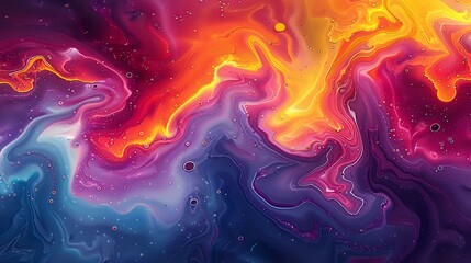 Poster - Abstract fluid art background with vibrant swirling colors of orange, purple, and blue creating dynamic cosmic nebula effect. Suitable for modern design projects.