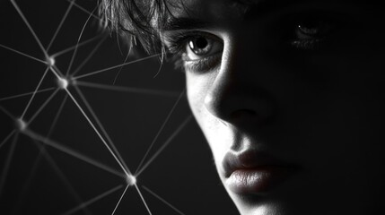 Poster - conceptual digital networking portrait of a young adult man with abstract connections in monochrome 