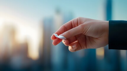 Canvas Print - Hand holding a small object against a blurred city skyline during sunset, symbolizing ambition