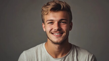 Wall Mural - Positive smiling young man with light brown hair, wearing a casual white t-shirt, in a studio setting with soft gray background.