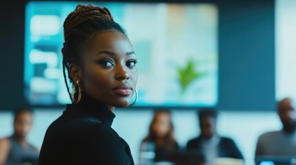 Poster - Black woman entrepreneur engaged in video conference with diverse colleagues displayed on projection screen in modern office setting showcasing teamwork and collaboration.