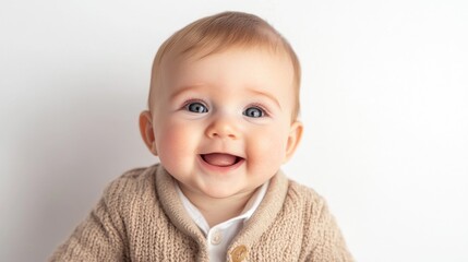 Wall Mural - Smiling infant boy with light brown hair and blue eyes wearing beige knitted sweater on a white background portraying happiness and joy