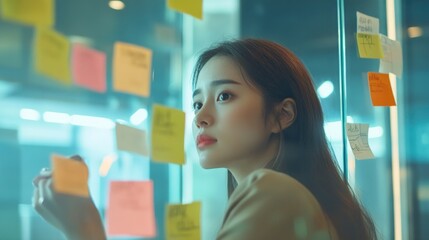 Poster - Professional Asian woman in modern office planning project ideas on glass wall covered with colorful sticky notes during business meeting session