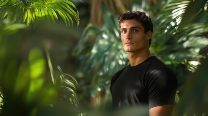 Poster - handsome young man in a fitted black shirt standing amidst lush green tropical foliage with soft nat