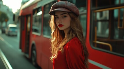 Canvas Print - Young woman in a vibrant red dress and stylish cap poses confidently on a city street by a classic red bus under soft ambient light.