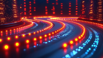 Poster - Abstract futuristic digital highway with glowing red and blue lights.  Perfect for technology, data, AI, network, or innovation concepts. Use as a background, website banner, or presentation slide.