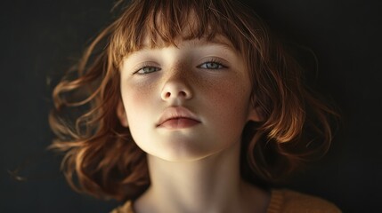 Sticker - Portrait of young girl with curly auburn hair and freckles, set against a dark background, exuding a serene expression and natural beauty.