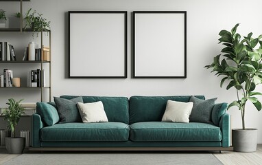 Wall Mural - Two large, blank, black picture frames hang on the wall above an emerald blue sofa in a modern living room with bookshelves and potted plants. 3D rendering, high-resolution photography,