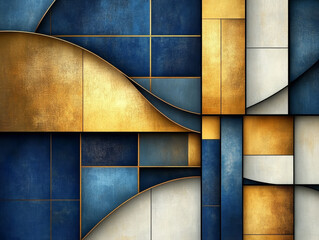 Poster - Abstract geometric shapes in blue and gold tones create depth