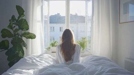 Canvas Print - Young woman sitting on bed in bright white bedroom, gazing out large window with soft morning light, greenery visible, serene atmosphere.