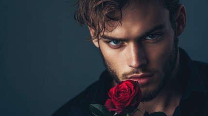 intense portrait of a young man with a rose in hand showcasing deep brown hair and striking blue eye
