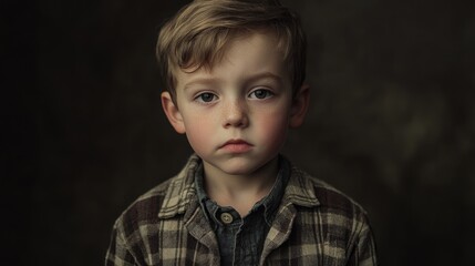 Wall Mural - Portrait of a young boy with wavy light brown hair in a checkered shirt, expressions of curiosity and reflection, set against a dark studio backdrop.