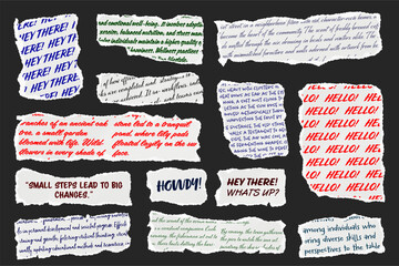 Wall Mural - ripped paper strips with handwritten text. realistic crumpled paper scraps with torn edges. shreds o