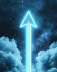 Wall Mural - A glowing blue arrow shoots up into the sky, surrounded by clouds