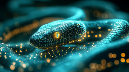 Poster - glowing snake with hexagonal scales in dark environment