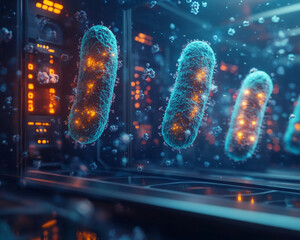 Poster - Glowing bacteria models floating in biolab environment