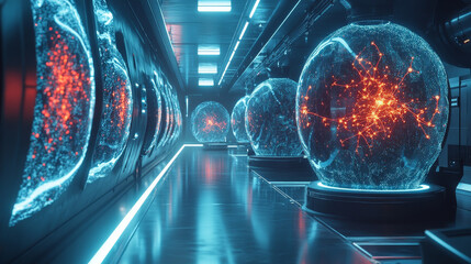 Poster - futuristic biolab with glowing neuron networks in glass spheres