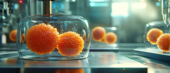 Poster - Cells floating in sterile lab setup, showcasing vibrant colors
