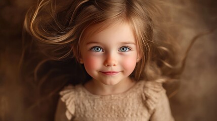 Wall Mural - Charming young girl with long flowing hair playfully making funny faces in a warm-toned studio setting with soft light and textured background