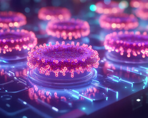 Poster - Glowing bacteria samples on futuristic surface, vibrant colors