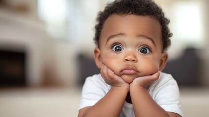 Wall Mural - Bashful toddler boy with curly hair seated indoors in soft natural light, looking curiously at the camera with a thoughtful expression.