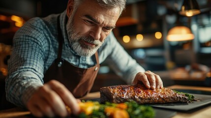 Canvas Print - Senior man focused on plating a delicious meat dish in a cozy restaurant kitchen with warm lighting and fresh vegetables on a wooden table.