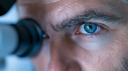 Poster - Close-up view of intense blue eye looking through microscope eyepiece, showing scientific research and discovery in laboratory setting. Medical professional at work.