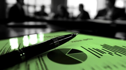 Poster - financial analysis, green report with pen