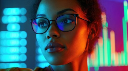 Poster - Biracial woman with glasses gazing thoughtfully at financial data and colorful graphs in a modern office setting, showcasing finance and economy concepts.