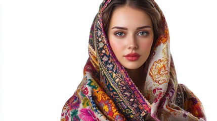 Wall Mural - Young woman adorned in traditional Russian folk costume, wearing a colorful patterned shawl, with intricate floral designs, set against a bright white background.