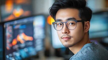 Poster - young asian man wearing glasses engaged in computer work with colorful screens in a modern office se