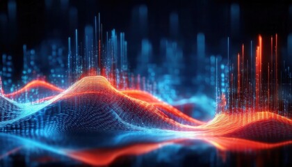 Poster - digital data wave with glowing red and blue light patterns, futuristic abstract technology landscape for analytics design