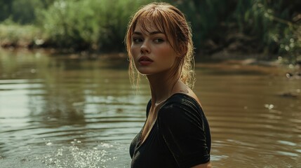 Wall Mural - Serene young woman with long brown hair standing in tranquil lake surrounded by lush greenery reflecting on the water's surface in natural light