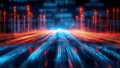 Poster - digital data wave with glowing red and blue light patterns, futuristic abstract technology landscape for analytics design
