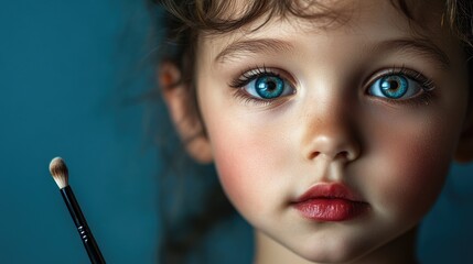 Sticker - Young girl applying makeup with a makeup brush, close-up portrait, bright blue eyes, soft skin, artistic expression, studio setting, light background.